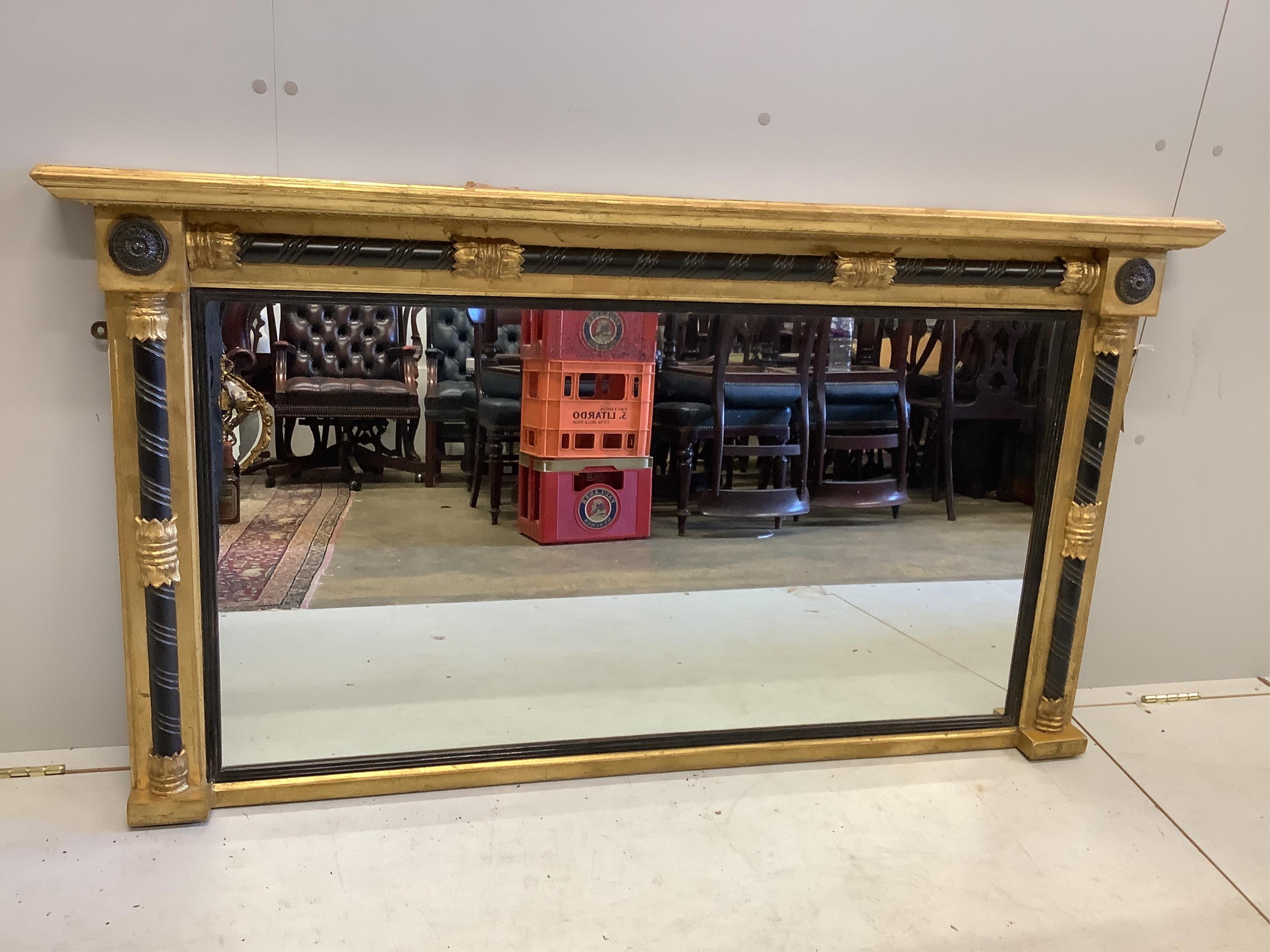 A William IV style giltwood and composition overmantel mirror, width 145cm, height 82cm. Condition - good